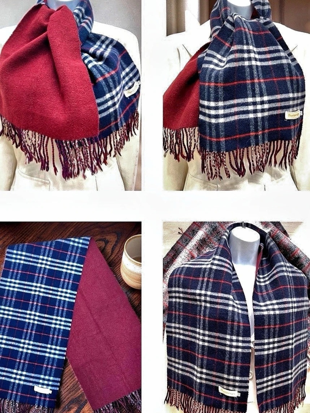 Burberrys Plaid Reversible Scarf in Blue & Red Like New
